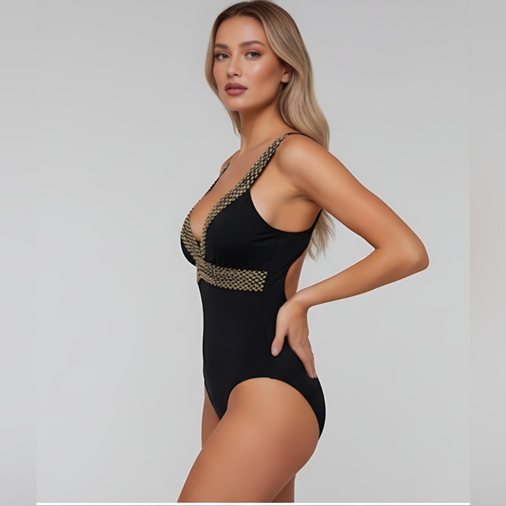 Gold Trim One Piece Swim Suit Bathing Suit - Picture 2 of 8